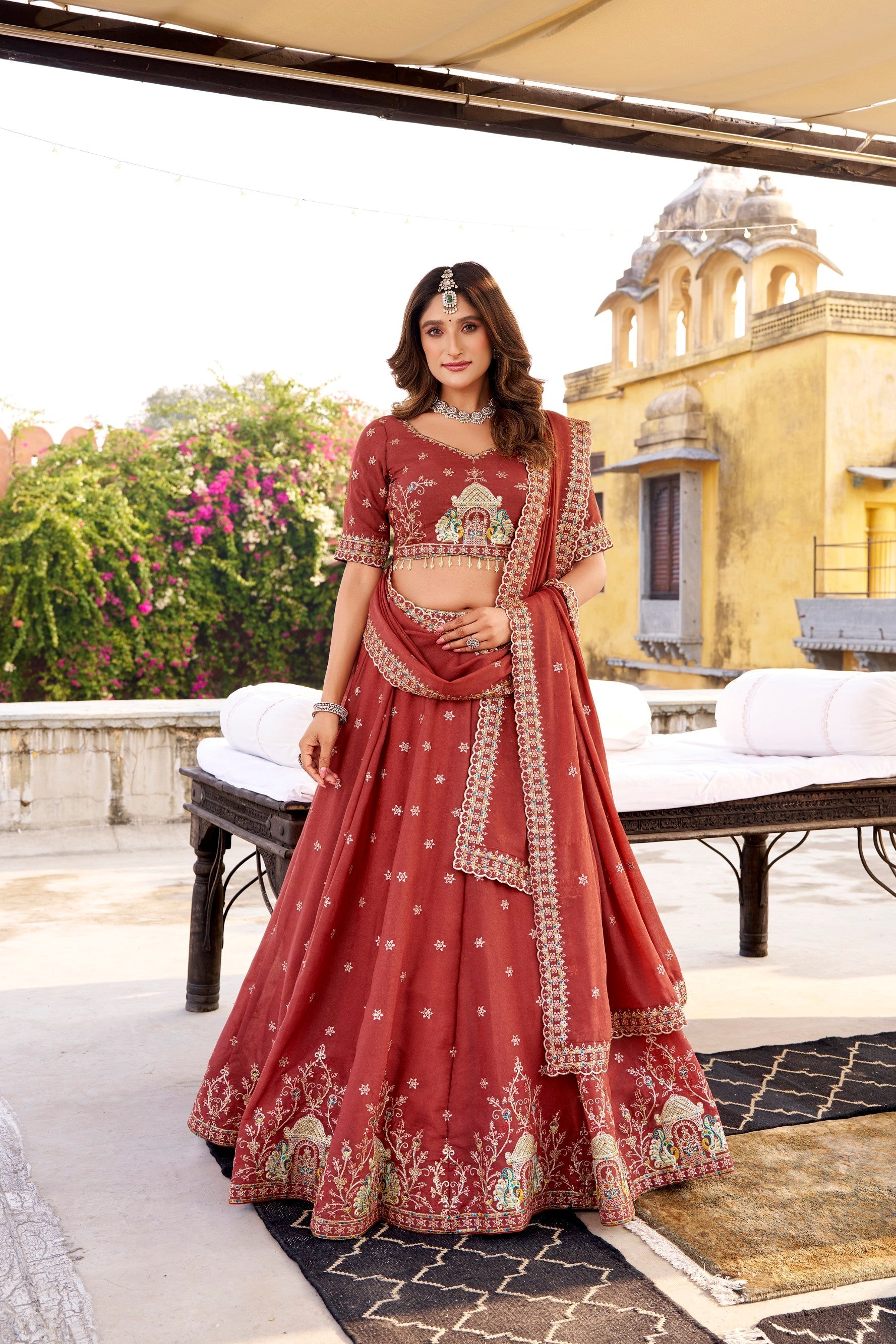 Lorenvalley Fashion Rust Crush Silk Sequins and Thread Embroidery Work Lehenga Choli with Dupatta - Swadesiicart