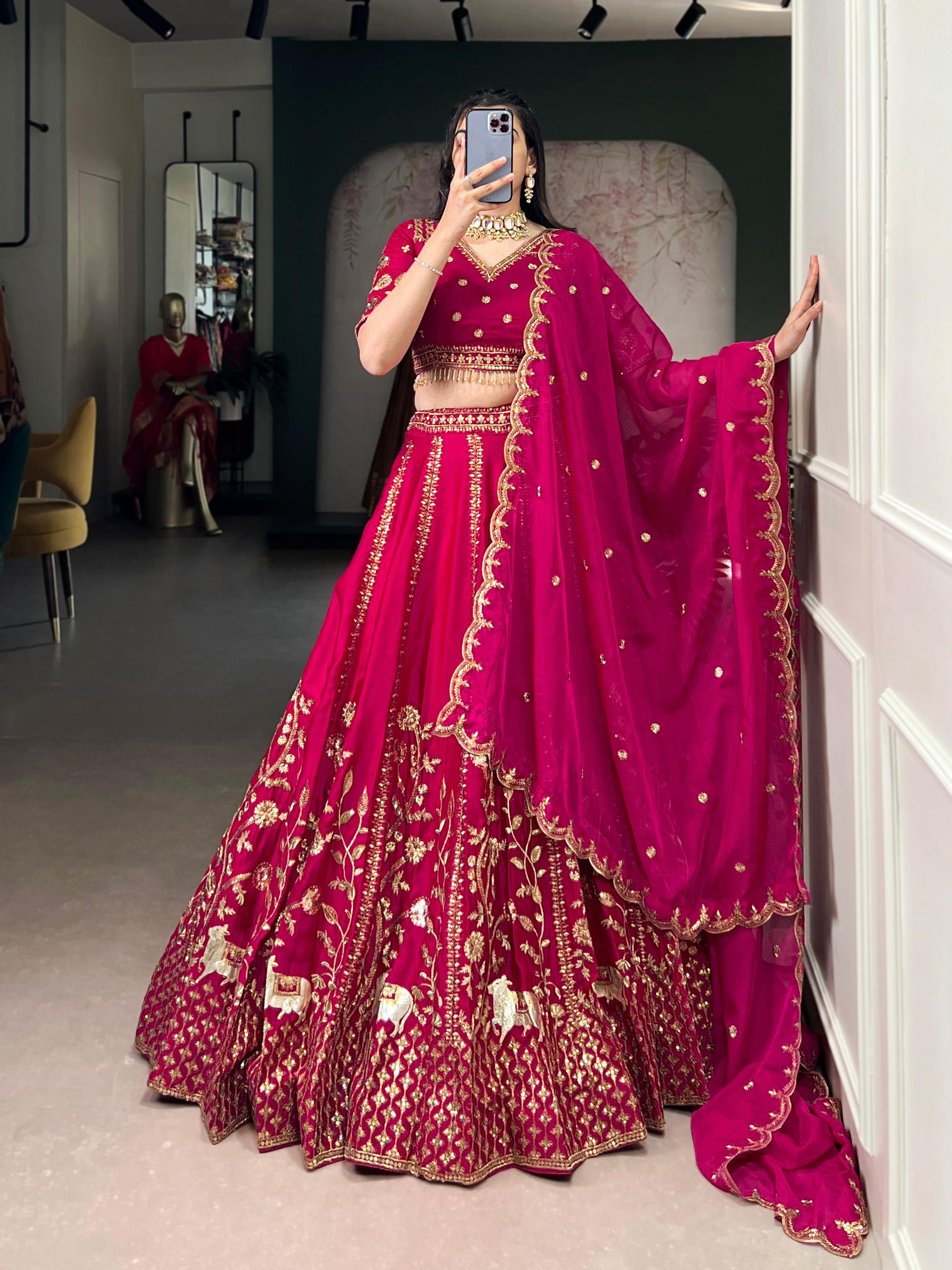 Lorenvalley Fashion Ranipink Natural Silk Sequins and Thread Embroidery Work Lehenga Choli with Dupatta - Swadesiicart