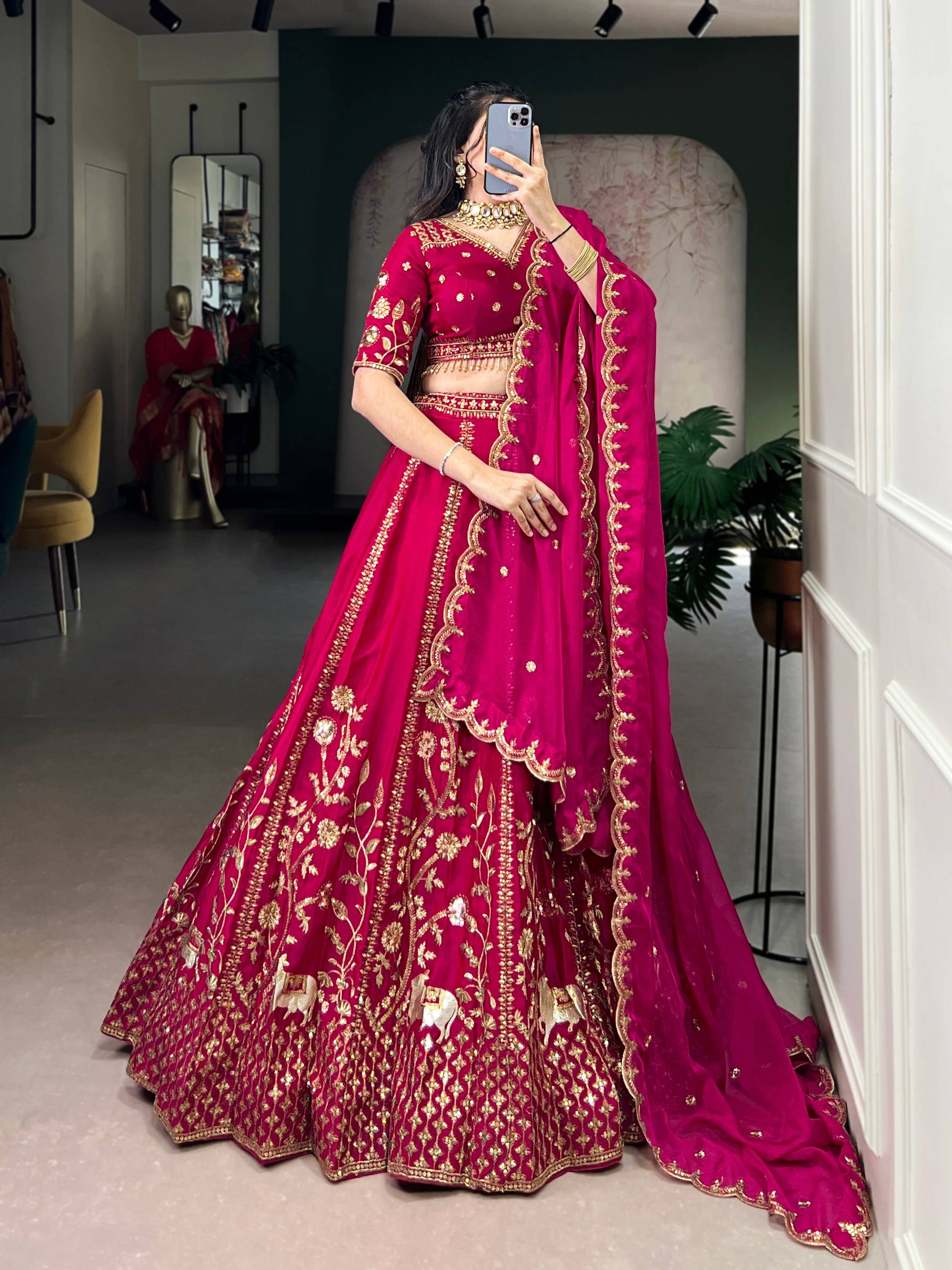 Lorenvalley Fashion Ranipink Natural Silk Sequins and Thread Embroidery Work Lehenga Choli with Dupatta - Swadesiicart