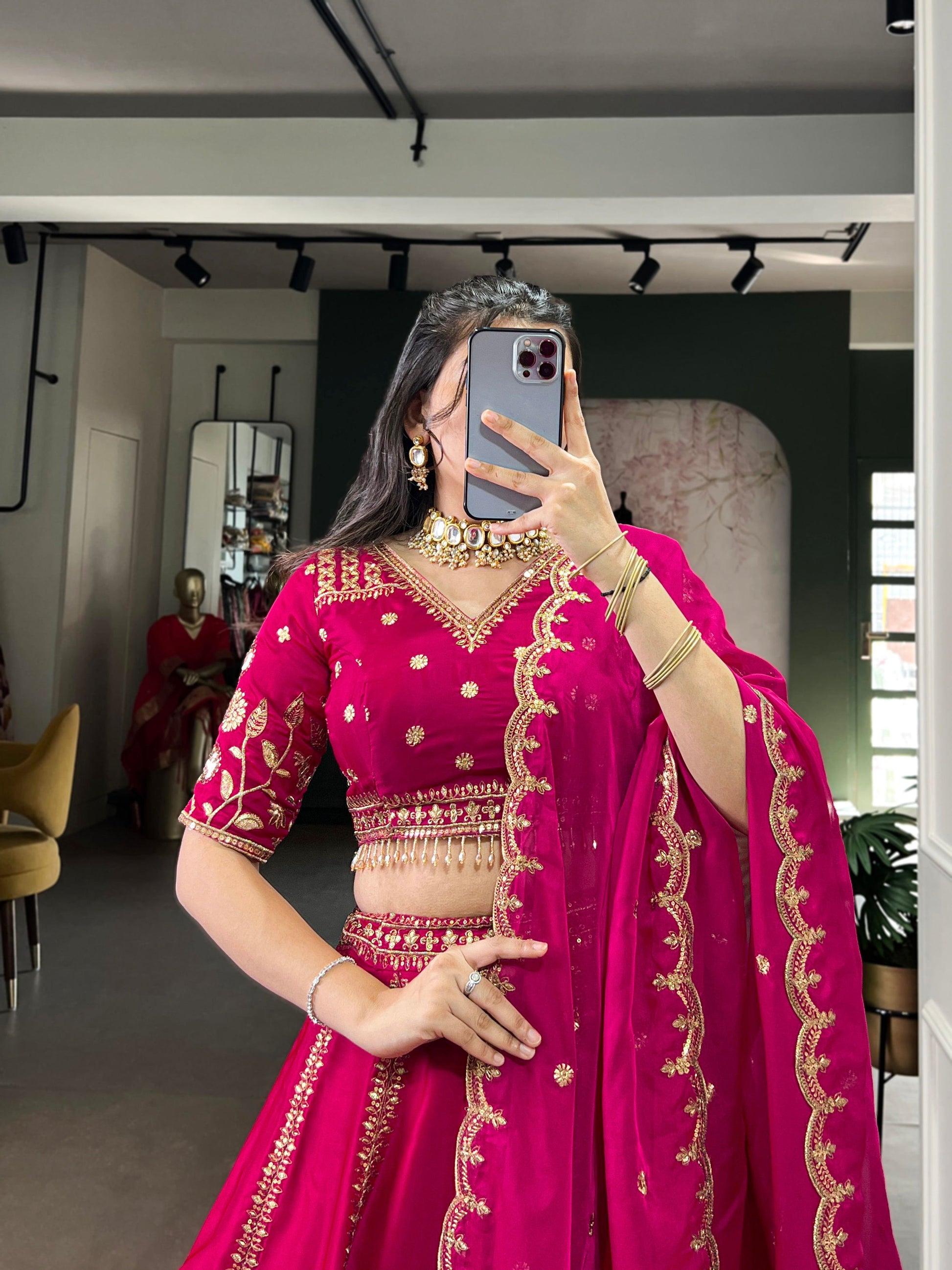 Lorenvalley Fashion Ranipink Natural Silk Sequins and Thread Embroidery Work Lehenga Choli with Dupatta - Swadesiicart