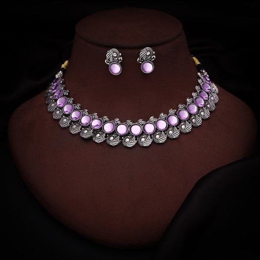 Tehzeeb Creations Silver Plated Lavender Colour Stone Jewellery Choker Necklace Set With Matching Pair of Stud Earrings - Swadesiicart