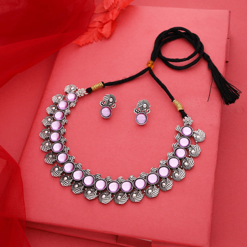 Tehzeeb Creations Silver Plated Lavender Colour Stone Jewellery Choker Necklace Set With Matching Pair of Stud Earrings - Swadesiicart