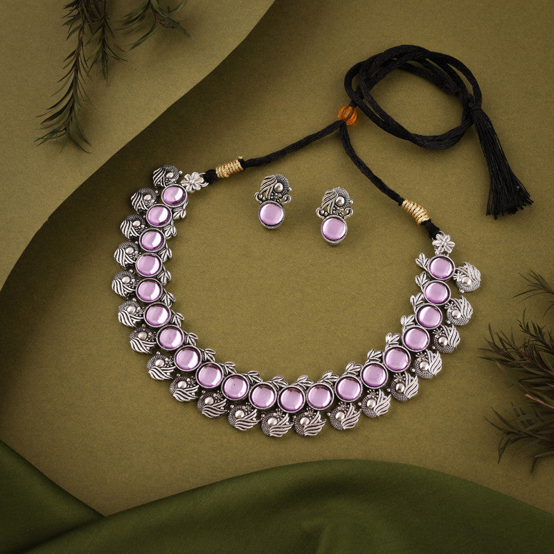 Tehzeeb Creations Silver Plated Lavender Colour Stone Jewellery Choker Necklace Set With Matching Pair of Stud Earrings - Swadesiicart