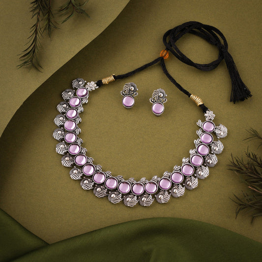Tehzeeb Creations Silver Plated Lavender Colour Stone Jewellery Choker Necklace Set With Matching Pair of Stud Earrings - Swadesiicart