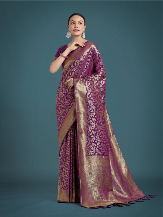 Monjolika Fashion Scintilla Purple Banarasi Satin Silk Meenakari zari weaving Pattern Saree | Swadesiicart