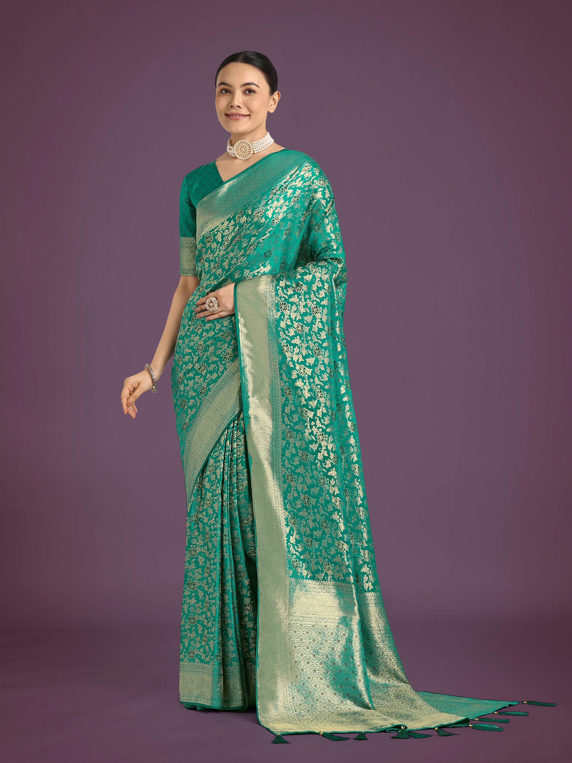 Monjolika Fashion Scintilla Turquoise Banarasi Satin Silk Meenakari zari weaving Pattern Saree | Swadesiicart