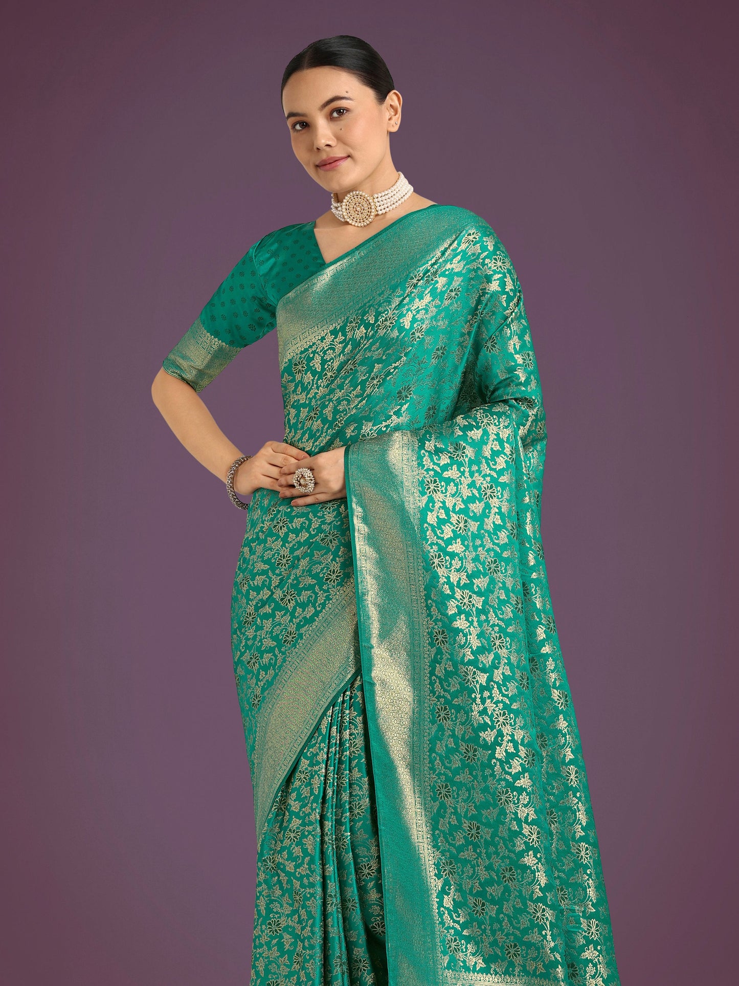 Monjolika Fashion Scintilla Turquoise Banarasi Satin Silk Meenakari zari weaving Pattern Saree | Swadesiicart
