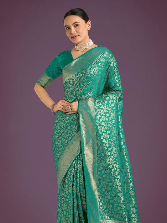 Monjolika Fashion Scintilla Turquoise Banarasi Satin Silk Meenakari zari weaving Pattern Saree | Swadesiicart
