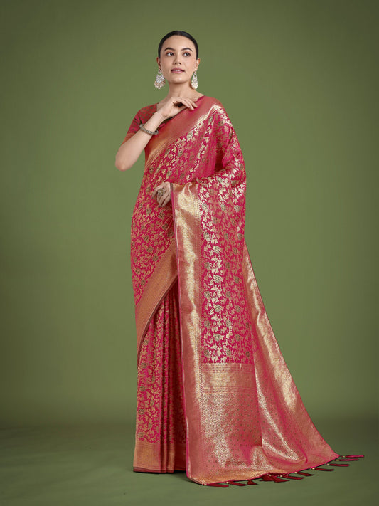Monjolika Fashion Scintilla Magenta Banarasi Satin Silk Meenakari zari weaving Pattern Saree | Swadesiicart