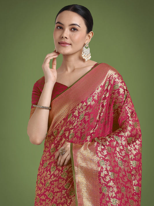 Monjolika Fashion Scintilla Magenta Banarasi Satin Silk Meenakari zari weaving Pattern Saree | Swadesiicart
