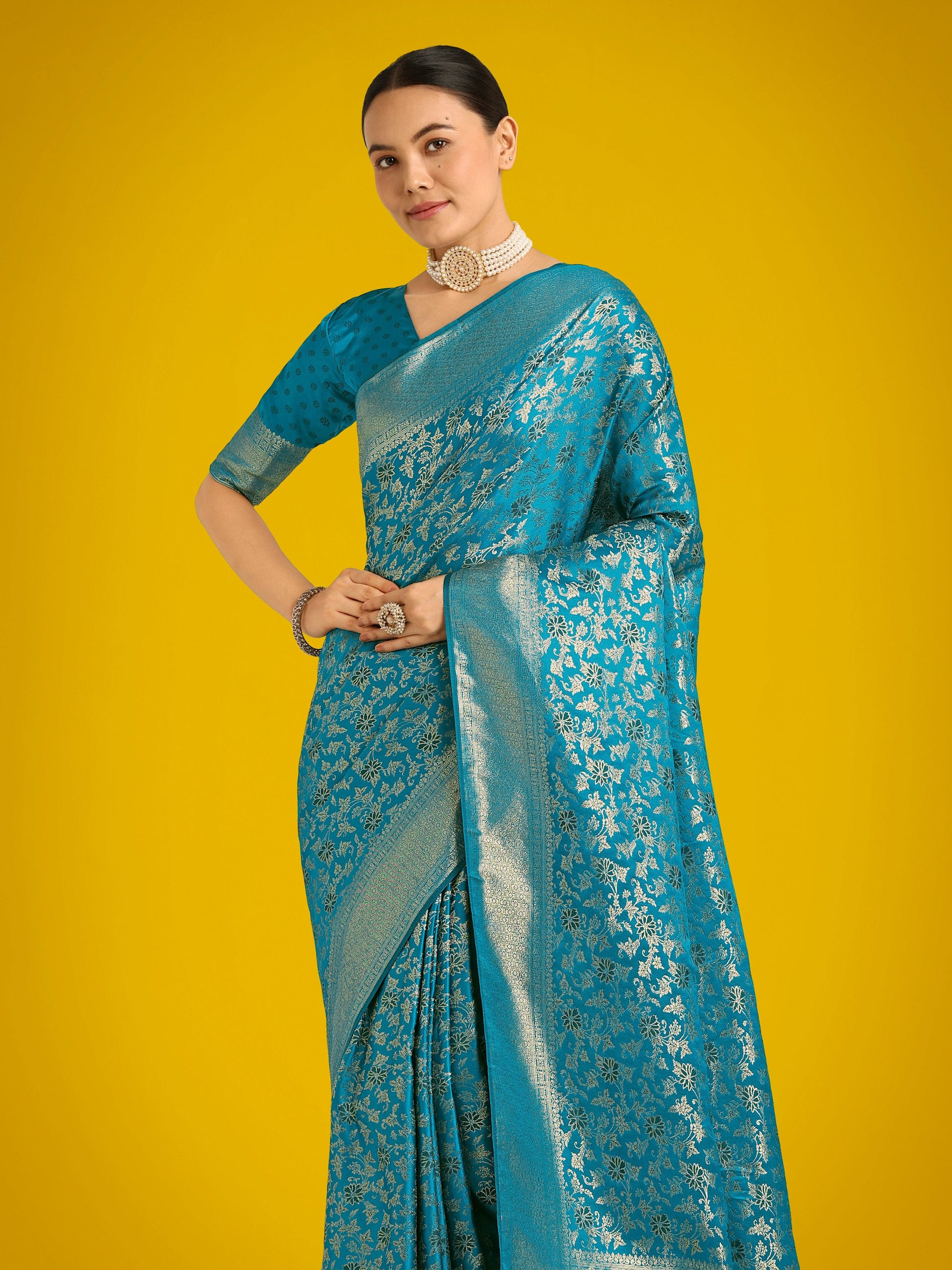 Monjolika Fashion Scintilla Sky blue Banarasi Satin Silk Meenakari zari weaving Pattern Saree | Swadesiicart