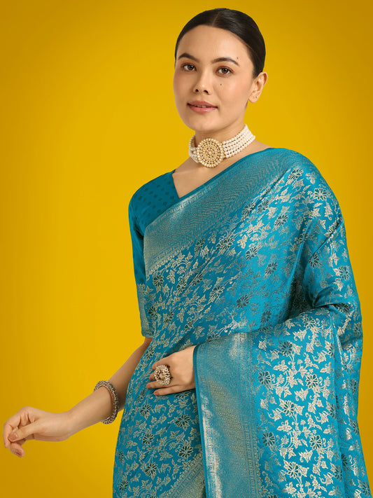Monjolika Fashion Scintilla Sky blue Banarasi Satin Silk Meenakari zari weaving Pattern Saree | Swadesiicart