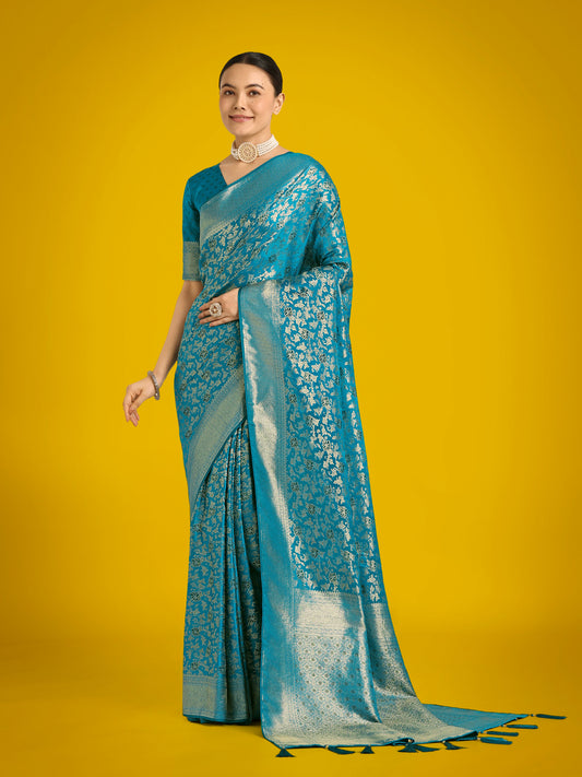 Monjolika Fashion Scintilla Sky blue Banarasi Satin Silk Meenakari zari weaving Pattern Saree | Swadesiicart