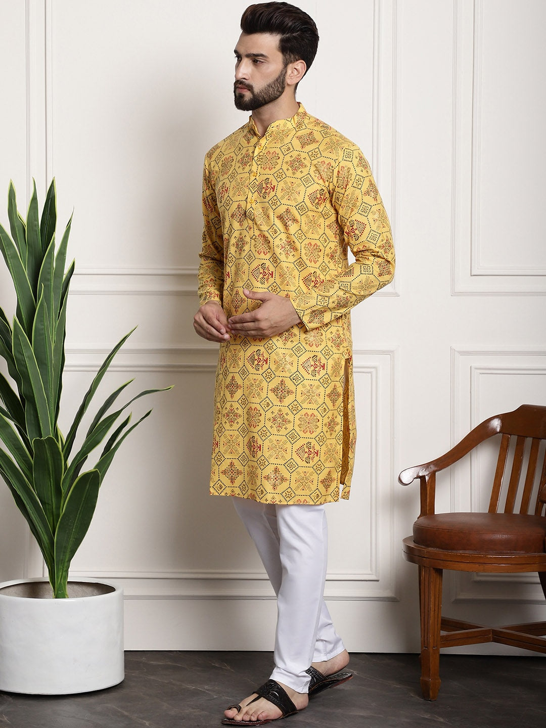 Sojanya Men Yellow Ethnic Motifs Printed Kurta with Churidar | Swadesiicart
