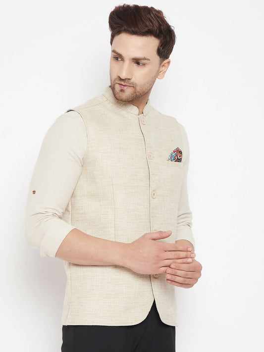 Even Apparels Beige Linen Men Woven Nehru Jacket | Swadesiicart