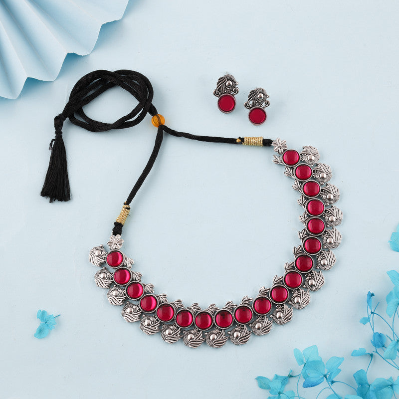Tehzeeb Creations Silver Plated Pink Colour Stone Jewellery Choker Necklace Set With Matching Pair of Stud Earrings - Swadesiicart