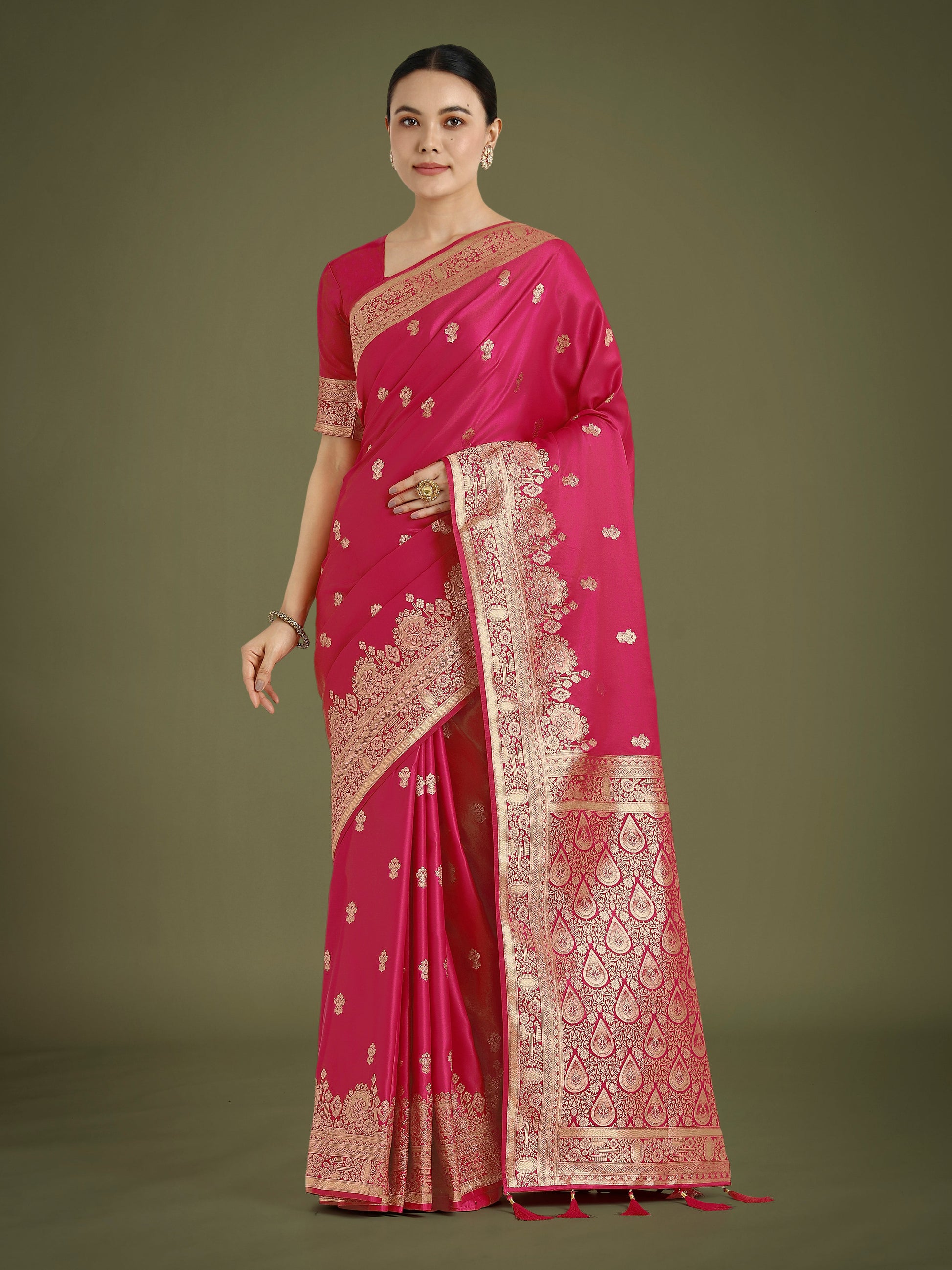 Monjolika Fashion Hot Pink With Gold Bordar Banarasi Woven Satin Saree | Swadesiicart