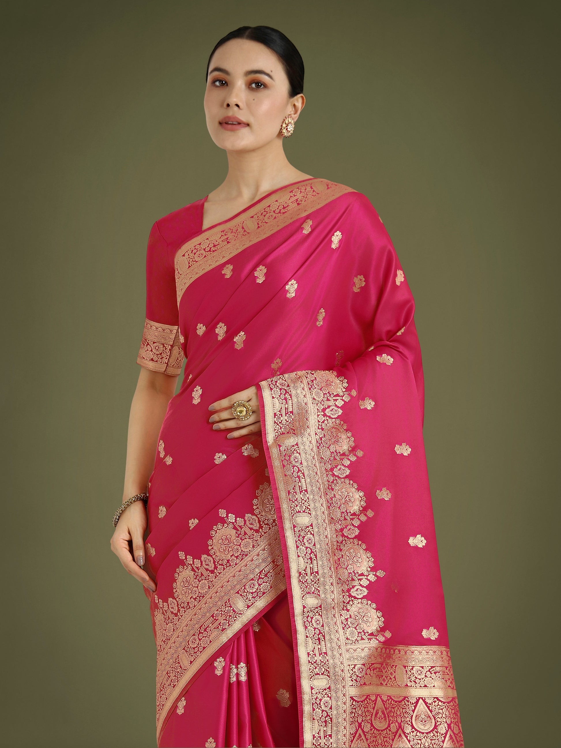 Monjolika Fashion Hot Pink With Gold Bordar Banarasi Woven Satin Saree | Swadesiicart