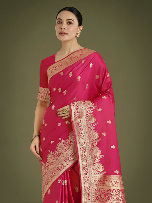 Monjolika Fashion Hot Pink With Gold Bordar Banarasi Woven Satin Saree | Swadesiicart