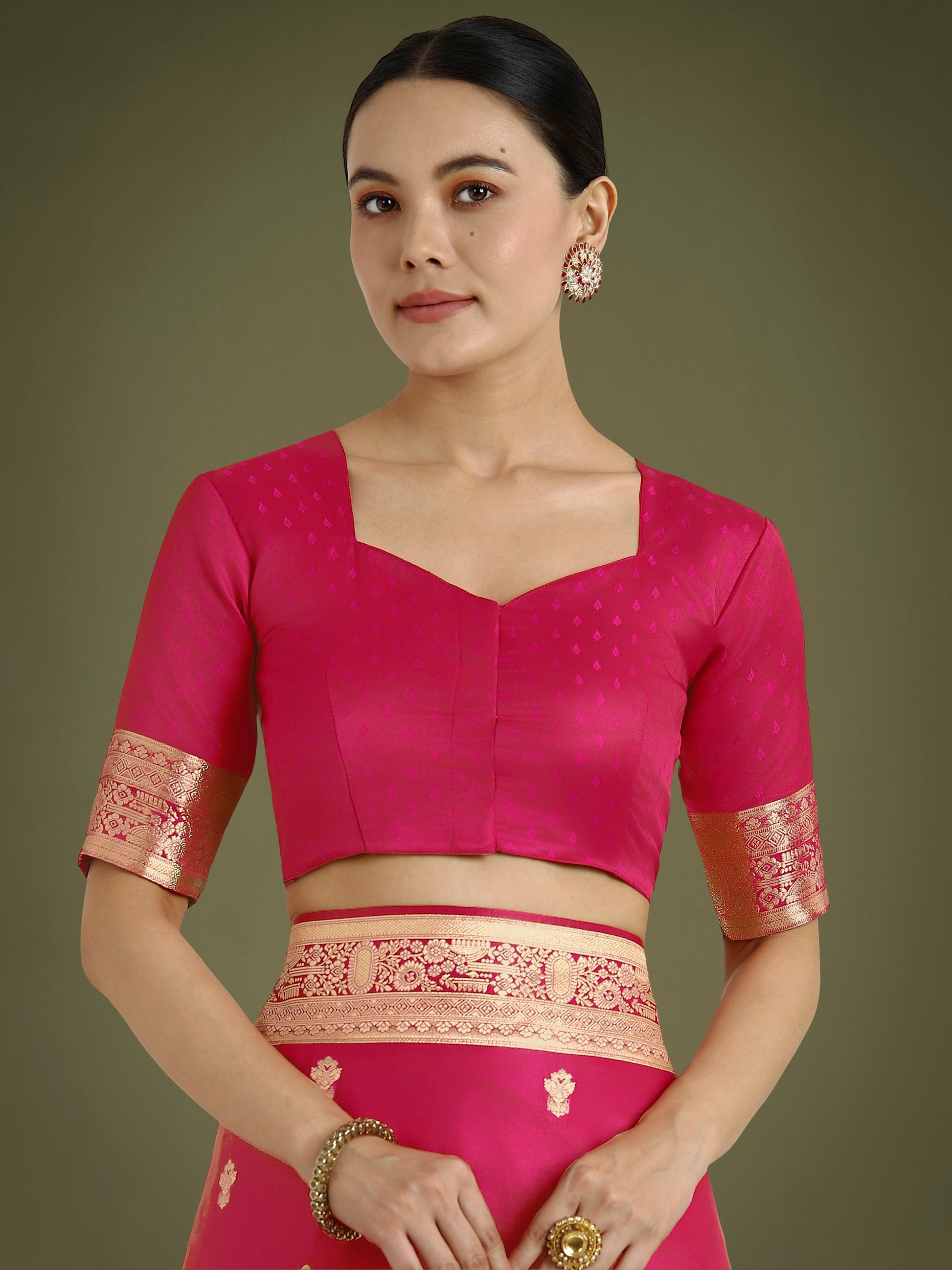 Monjolika Fashion Hot Pink With Gold Bordar Banarasi Woven Satin Saree | Swadesiicart