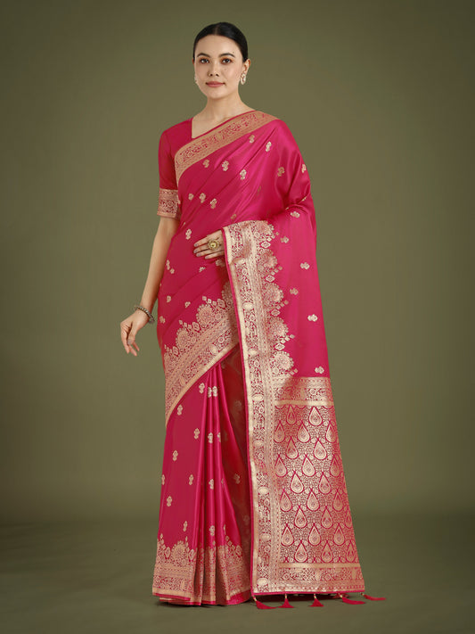 Monjolika Fashion Hot Pink With Gold Bordar Banarasi Woven Satin Saree | Swadesiicart