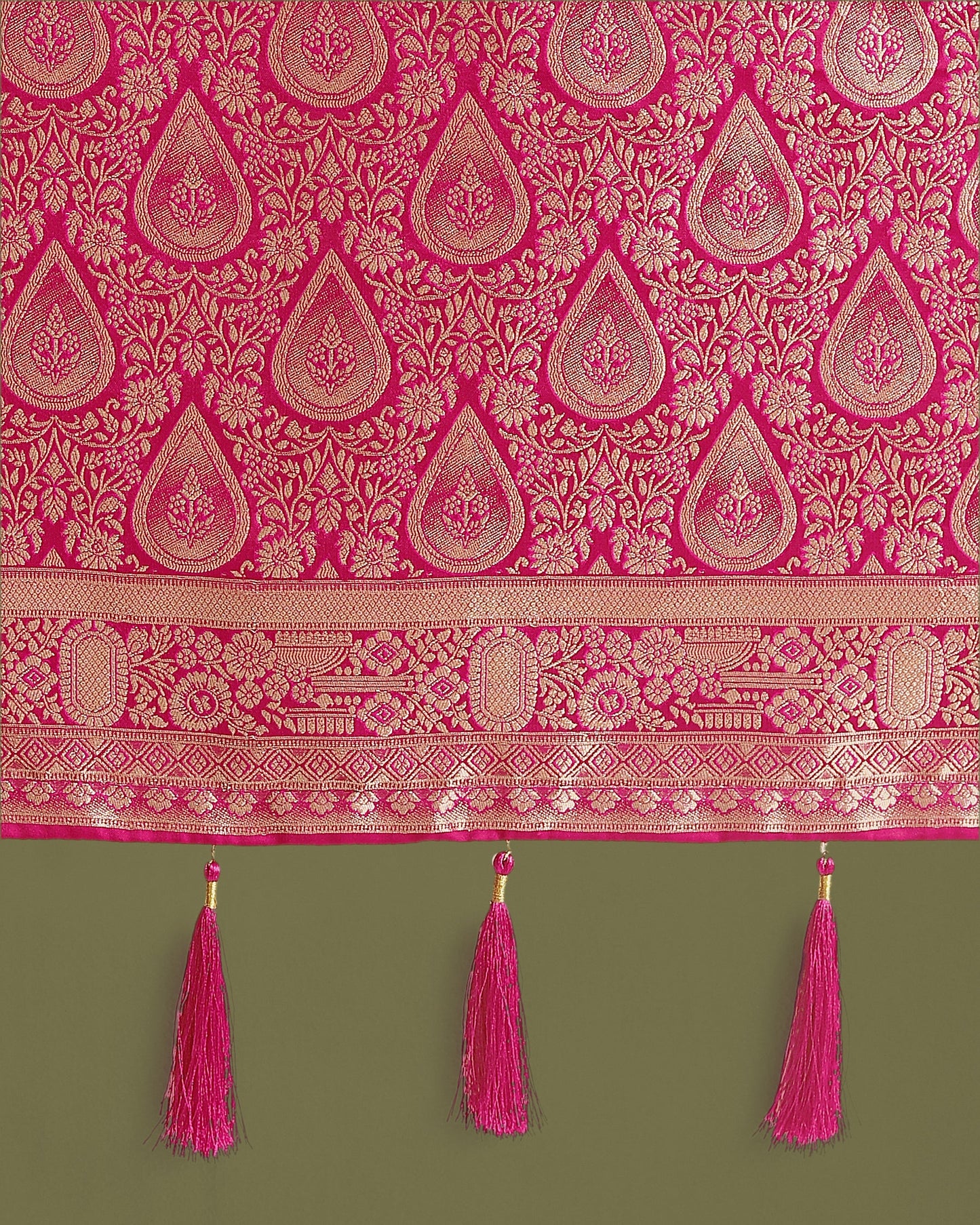 Monjolika Fashion Hot Pink With Gold Bordar Banarasi Woven Satin Saree | Swadesiicart