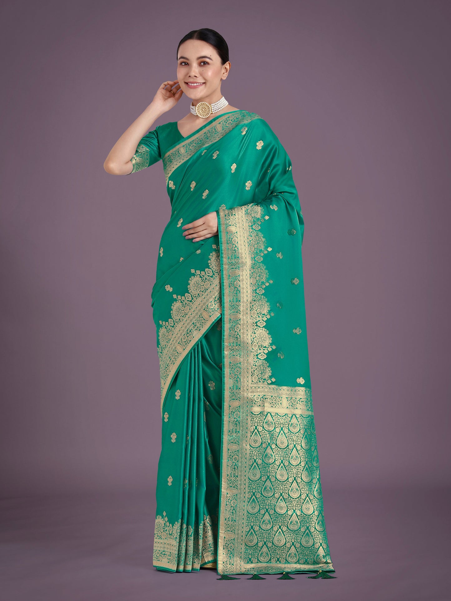 Monjolika Fashion Turquoise With Gold Bordar Banarasi Woven Satin Saree | Swadesiicart