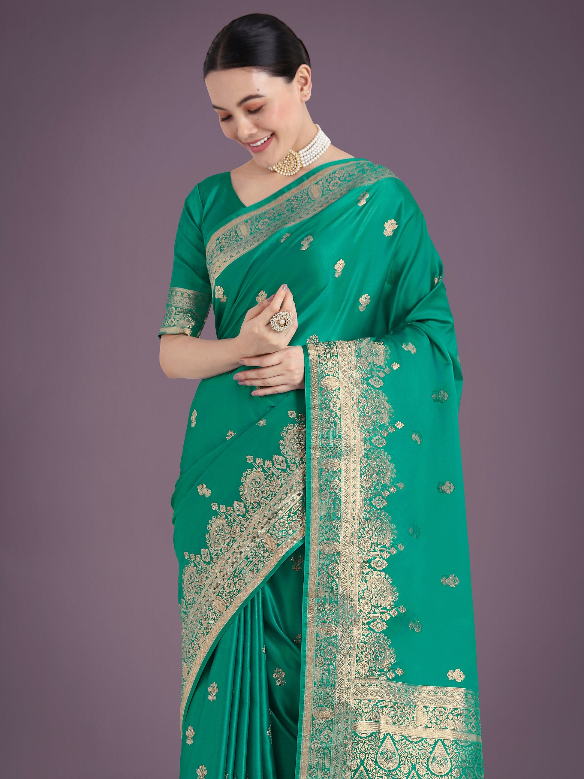 Monjolika Fashion Turquoise With Gold Bordar Banarasi Woven Satin Saree | Swadesiicart