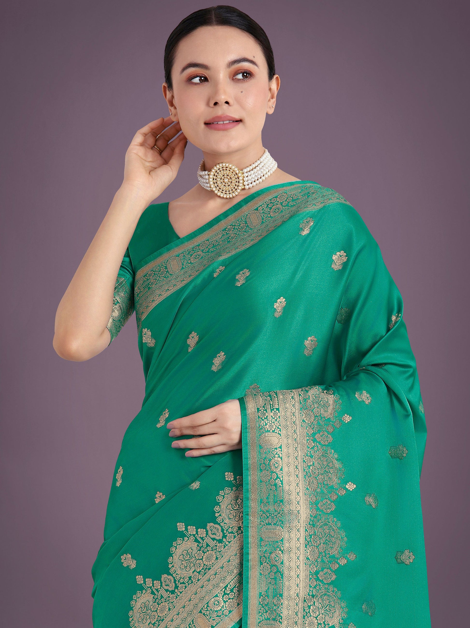 Monjolika Fashion Turquoise With Gold Bordar Banarasi Woven Satin Saree | Swadesiicart