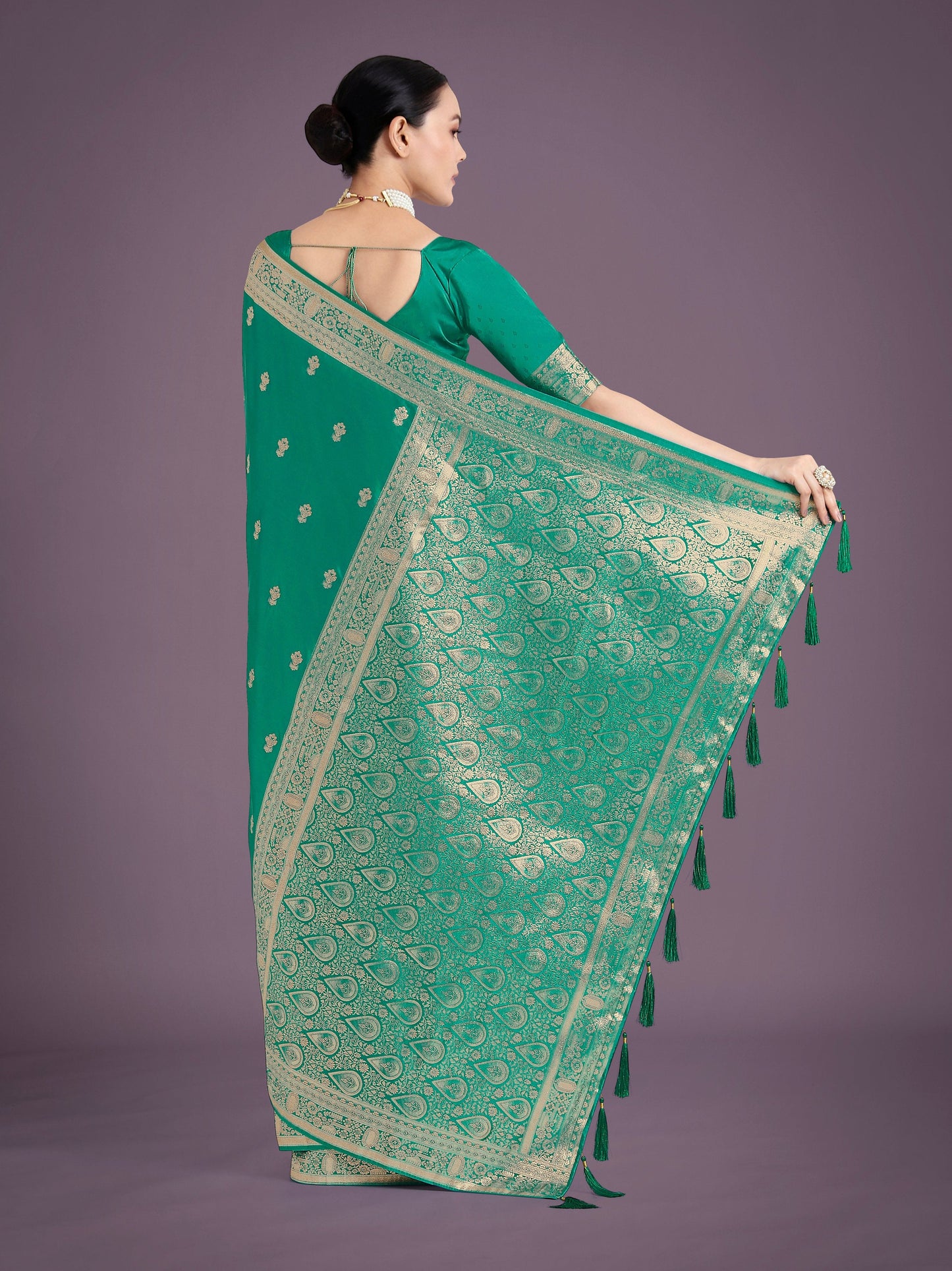 Monjolika Fashion Turquoise With Gold Bordar Banarasi Woven Satin Saree | Swadesiicart
