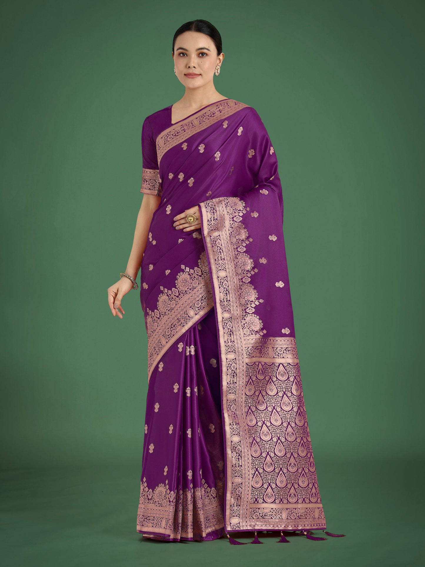 Monjolika Fashion Purple With Gold Bordar Banarasi Woven Satin Saree | Swadesiicart