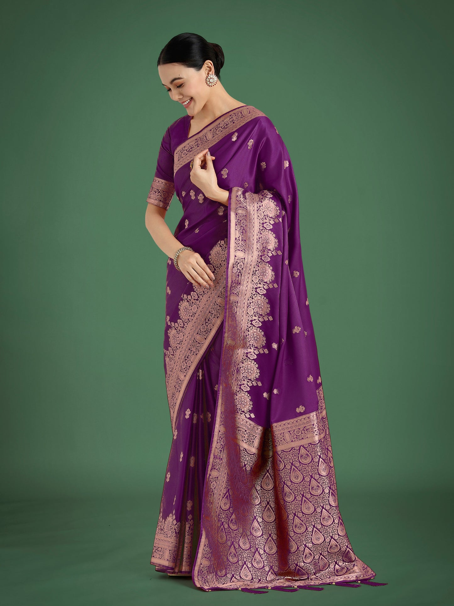 Monjolika Fashion Purple With Gold Bordar Banarasi Woven Satin Saree | Swadesiicart