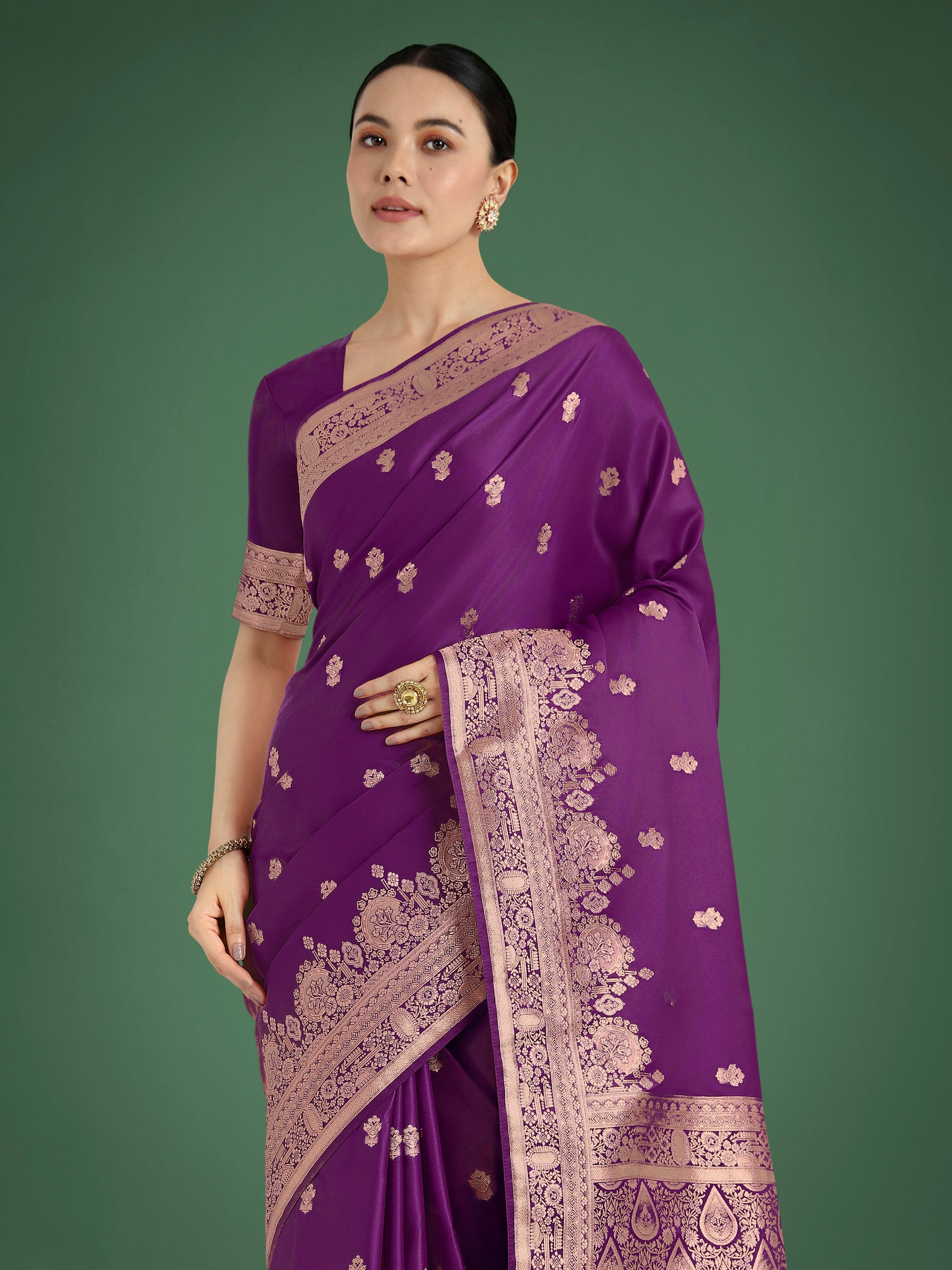 Monjolika Fashion Purple With Gold Bordar Banarasi Woven Satin Saree | Swadesiicart