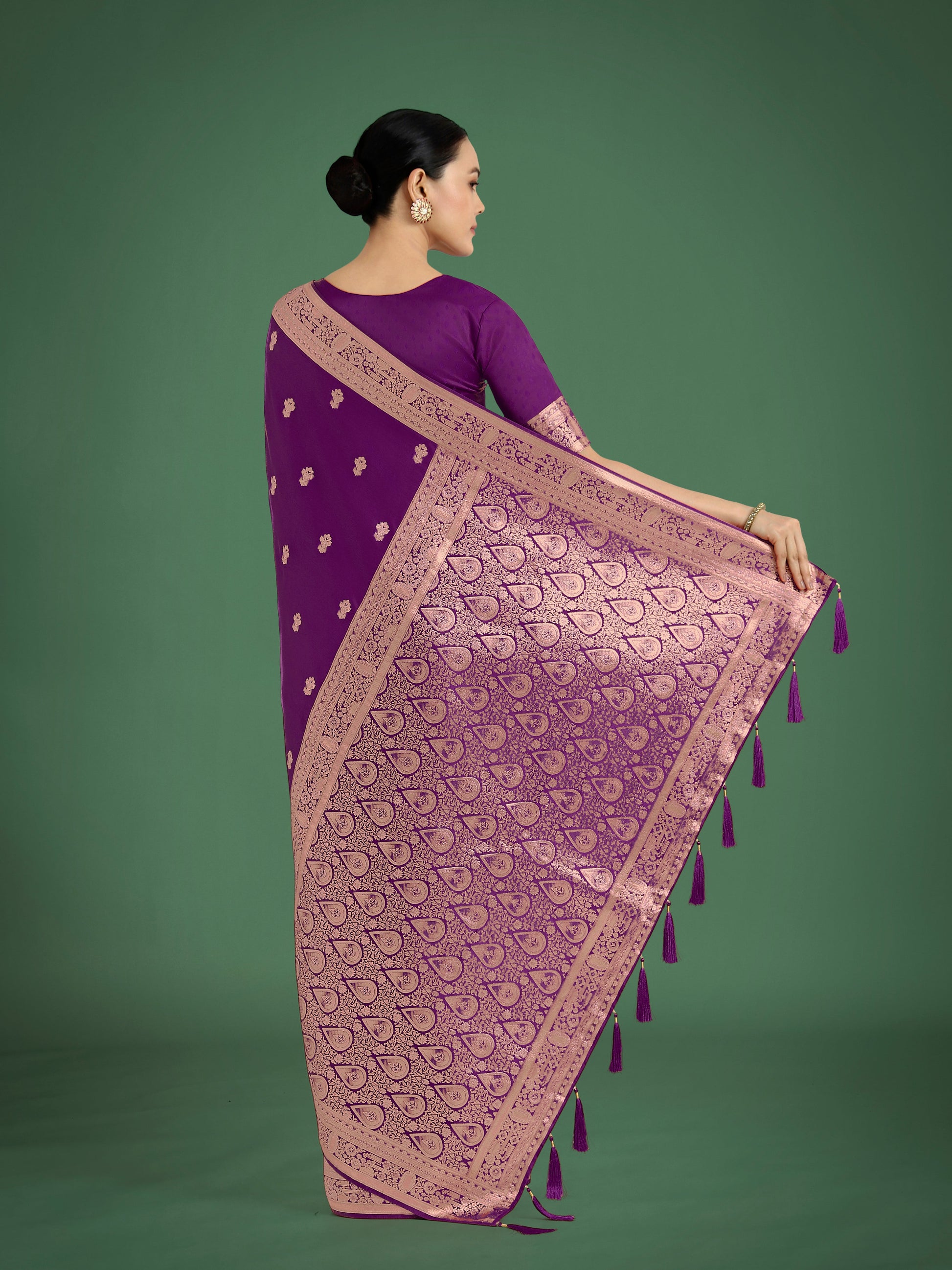 Monjolika Fashion Purple With Gold Bordar Banarasi Woven Satin Saree | Swadesiicart