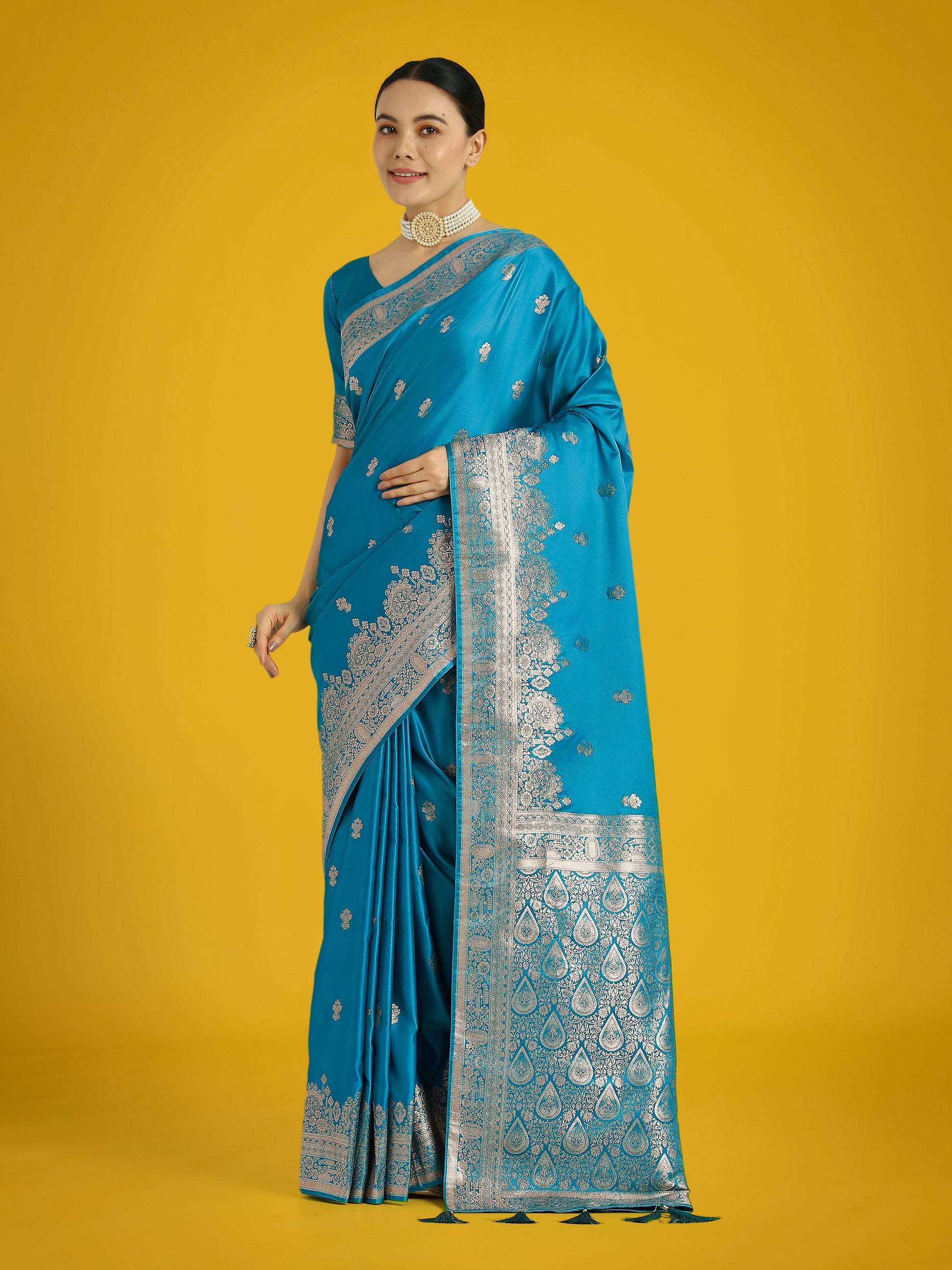 Monjolika Fashion Cyan blue With Gold Bordar Banarasi Woven Satin Saree | Swadesiicart