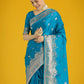 Monjolika Fashion Cyan blue With Gold Bordar Banarasi Woven Satin Saree | Swadesiicart