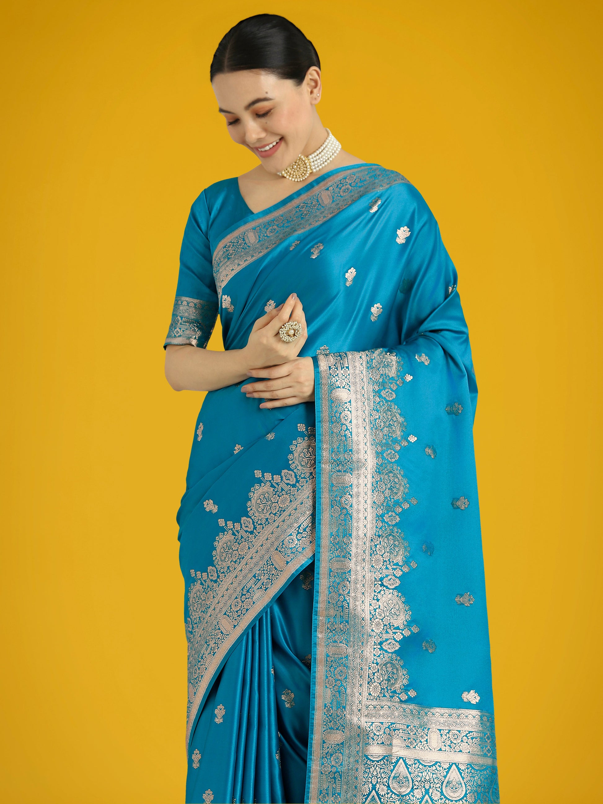 Monjolika Fashion Cyan blue With Gold Bordar Banarasi Woven Satin Saree | Swadesiicart