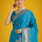 Monjolika Fashion Cyan blue With Gold Bordar Banarasi Woven Satin Saree | Swadesiicart