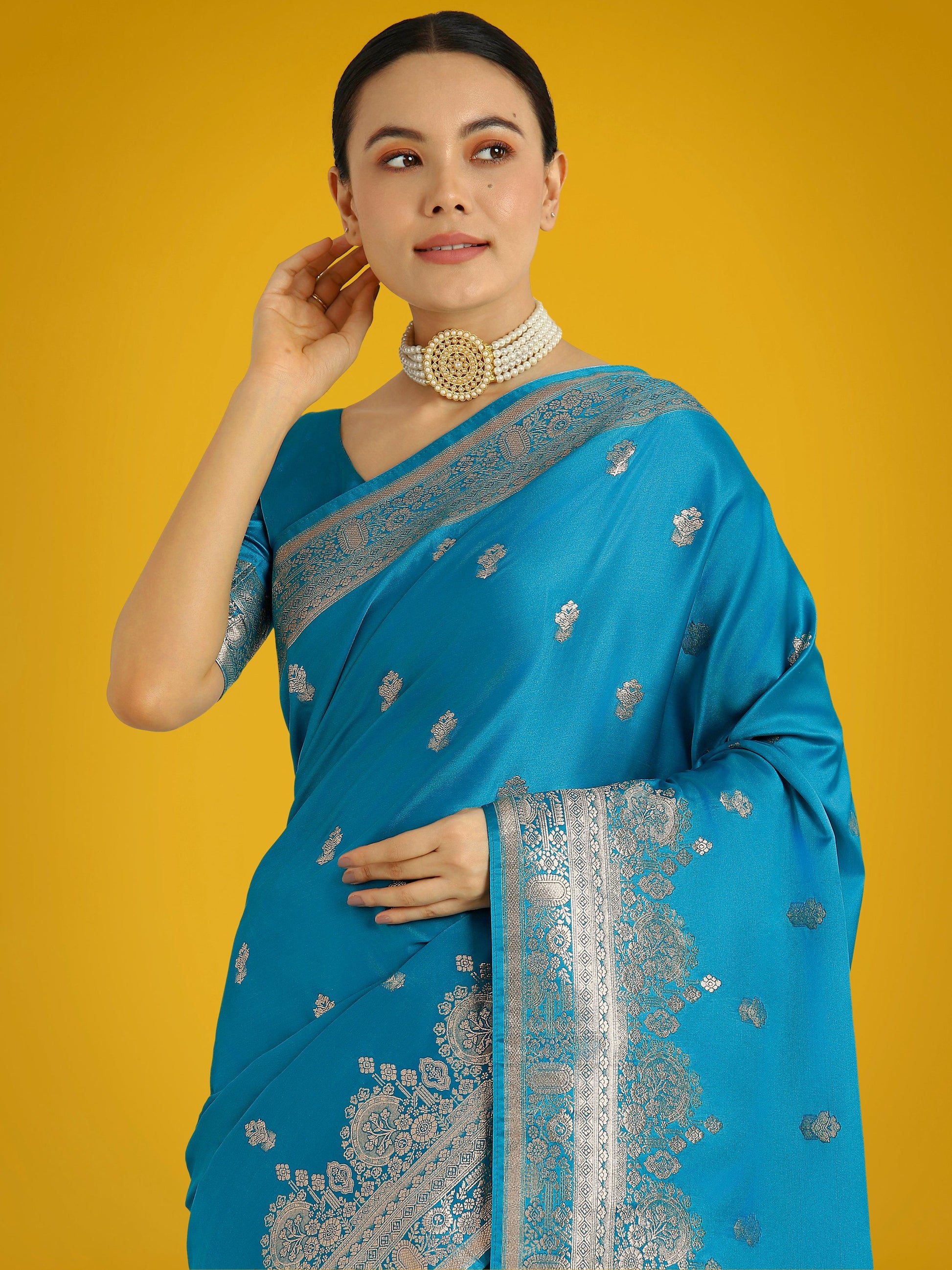 Monjolika Fashion Cyan blue With Gold Bordar Banarasi Woven Satin Saree | Swadesiicart