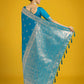 Monjolika Fashion Cyan blue With Gold Bordar Banarasi Woven Satin Saree | Swadesiicart