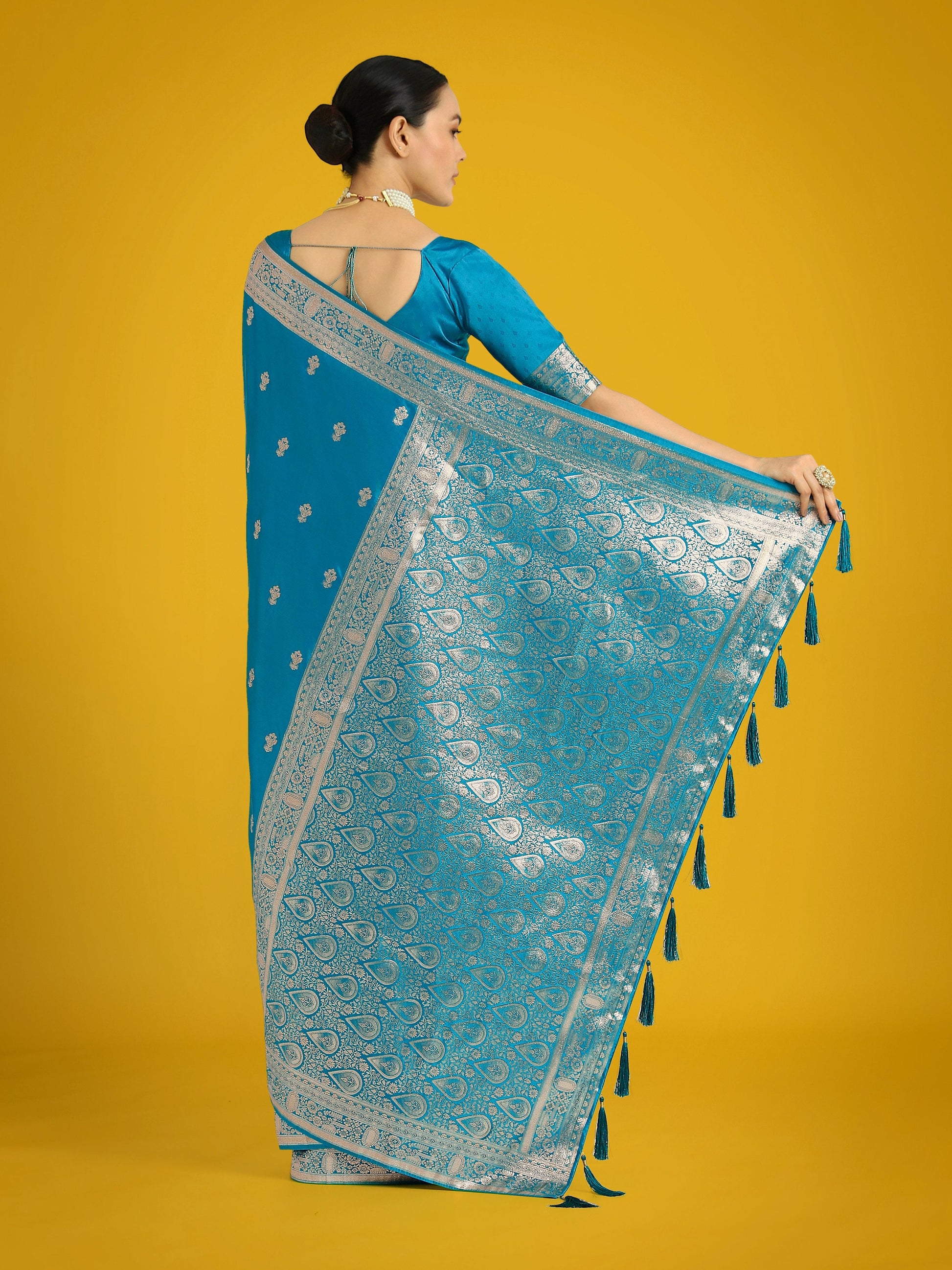 Monjolika Fashion Cyan blue With Gold Bordar Banarasi Woven Satin Saree | Swadesiicart