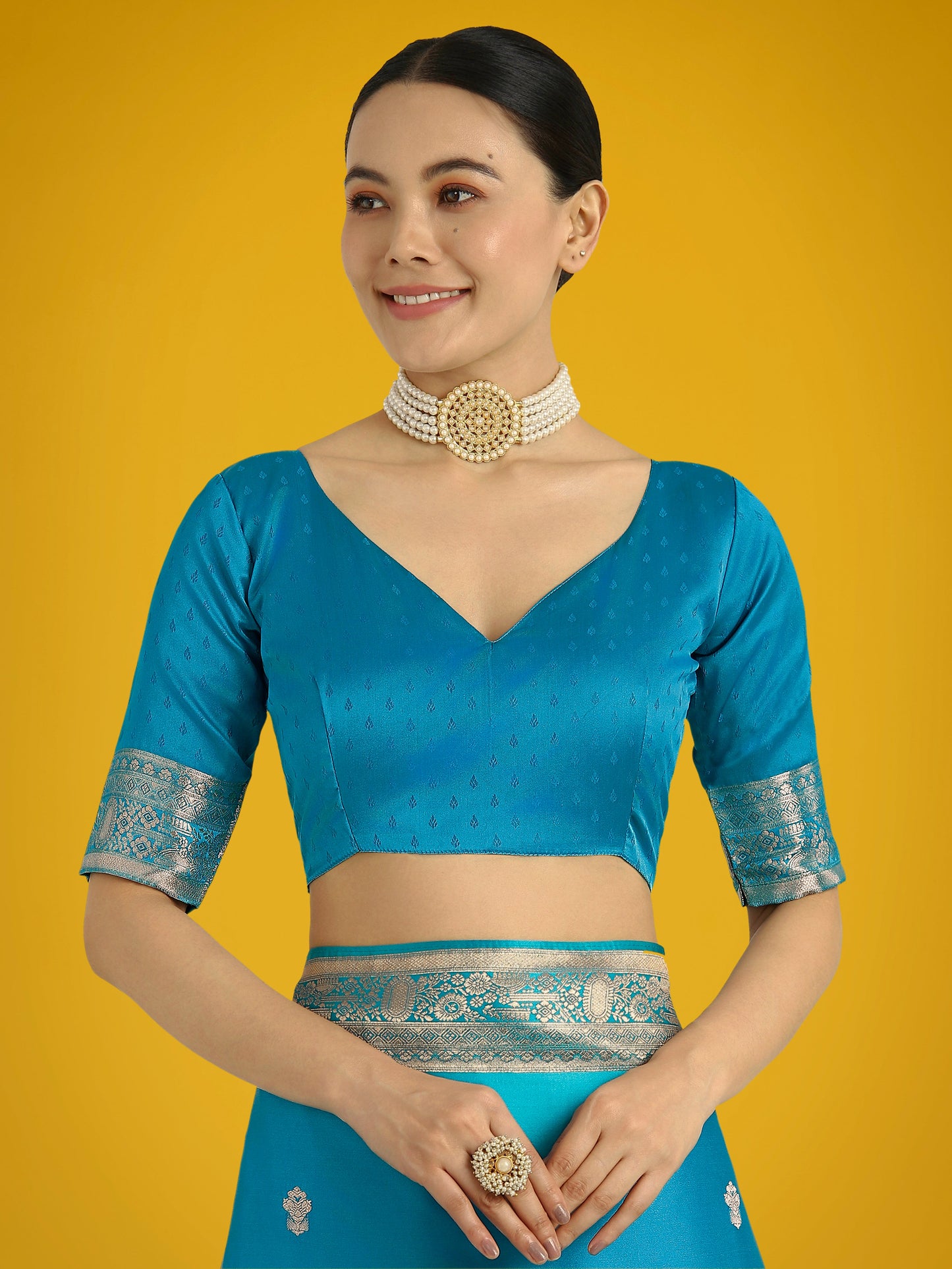 Monjolika Fashion Cyan blue With Gold Bordar Banarasi Woven Satin Saree | Swadesiicart