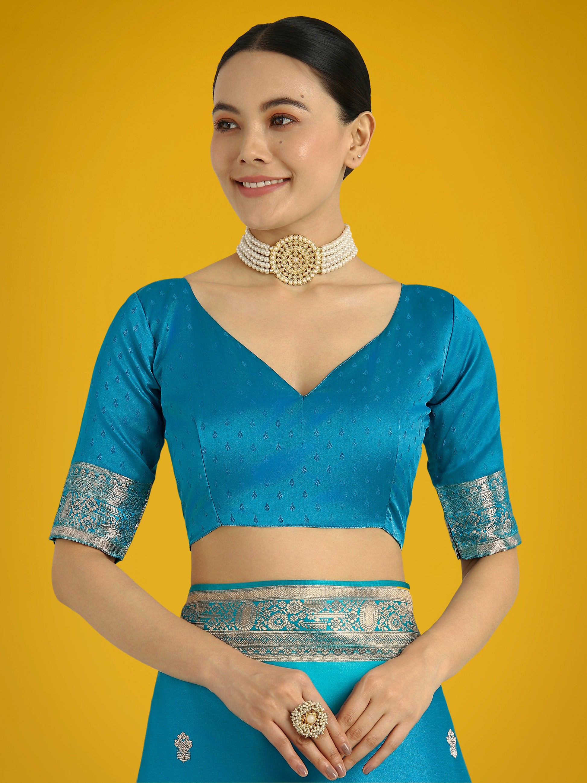 Monjolika Fashion Cyan blue With Gold Bordar Banarasi Woven Satin Saree | Swadesiicart
