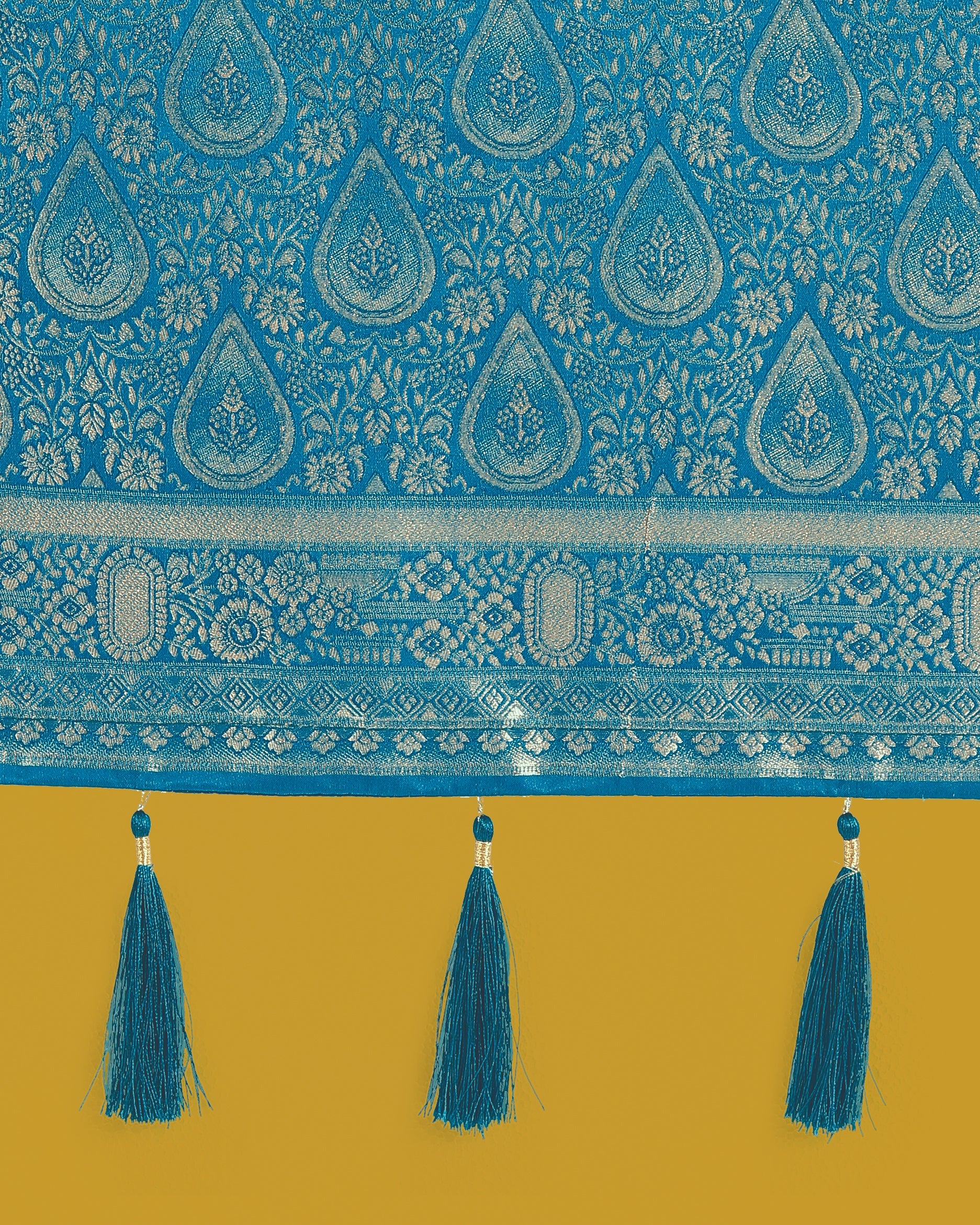 Monjolika Fashion Cyan blue With Gold Bordar Banarasi Woven Satin Saree | Swadesiicart