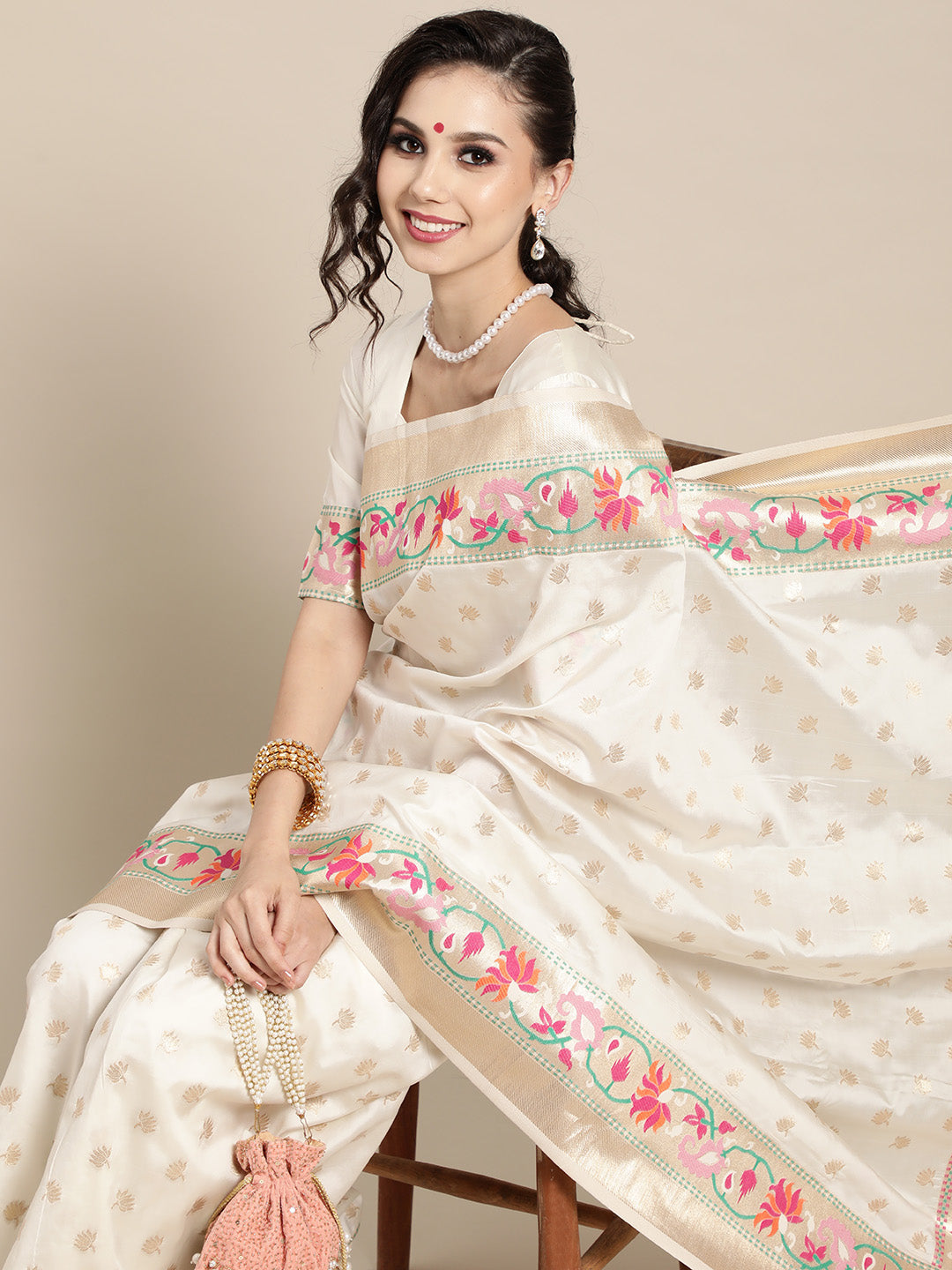 Saree Mall Off White & Golden Woven Design Banarasi Saree | Swadesiicart