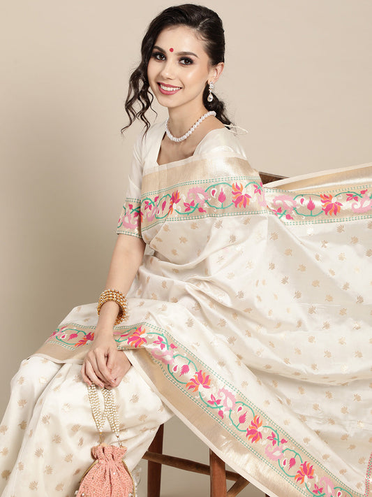 Saree Mall Off White & Golden Woven Design Banarasi Saree | Swadesiicart