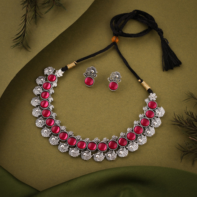 Tehzeeb Creations Silver Plated Pink Colour Stone Jewellery Choker Necklace Set With Matching Pair of Stud Earrings - Swadesiicart