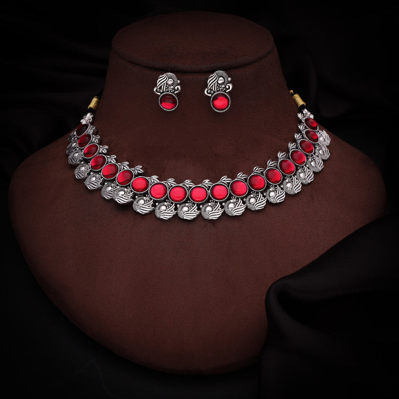Tehzeeb Creations Silver Plated Pink Colour Stone Jewellery Choker Necklace Set With Matching Pair of Stud Earrings - Swadesiicart