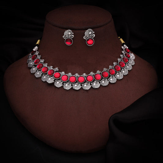 Tehzeeb Creations Silver Plated Pink Colour Stone Jewellery Choker Necklace Set With Matching Pair of Stud Earrings - Swadesiicart