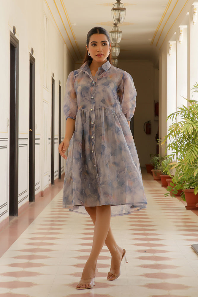 Vaasva Women Sky Blue Organza Marble Printed Dress | Swadesiicart